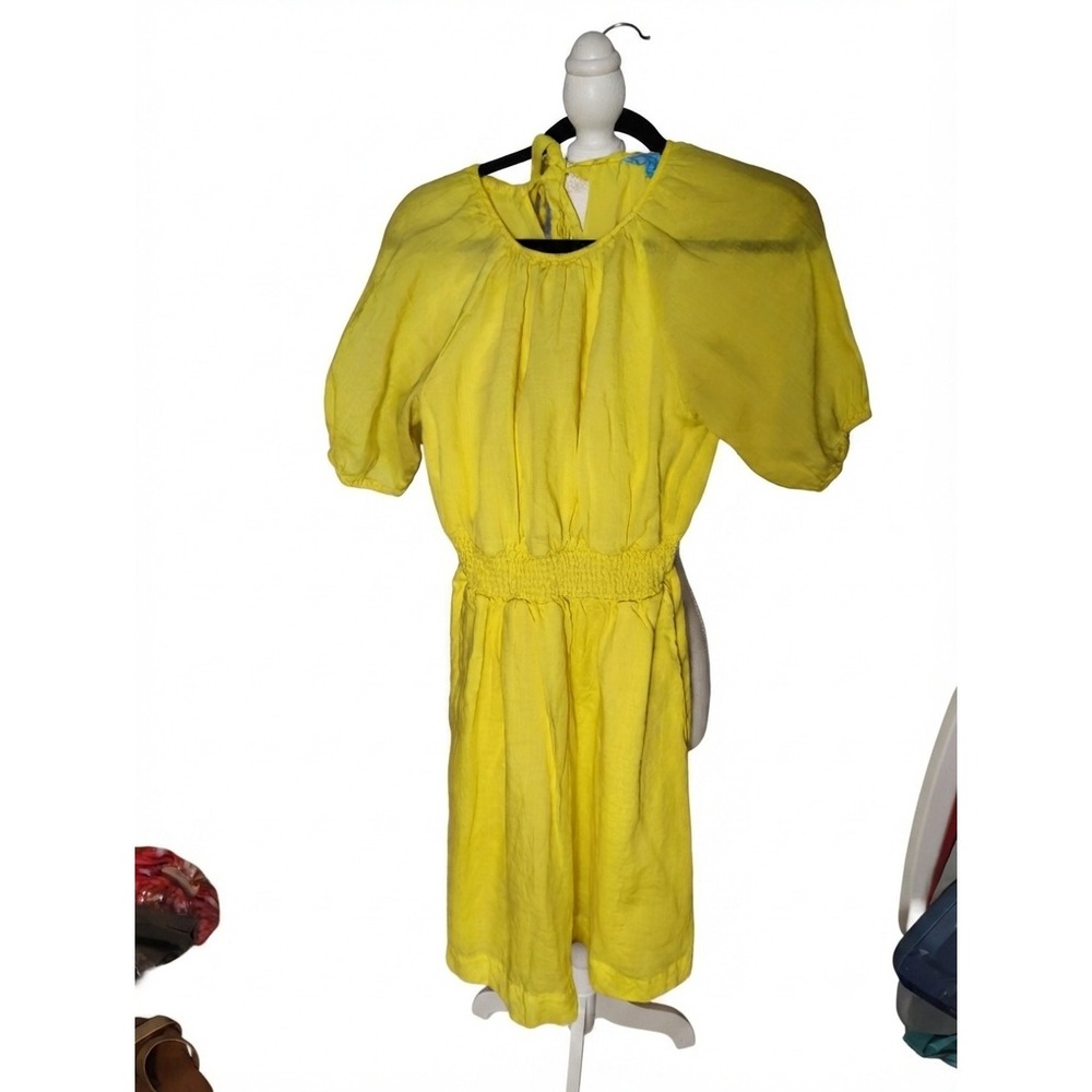 Draper James RSVP Yellow Linen Blend Smocked Waist Puff Sleeve Midi Dress Small